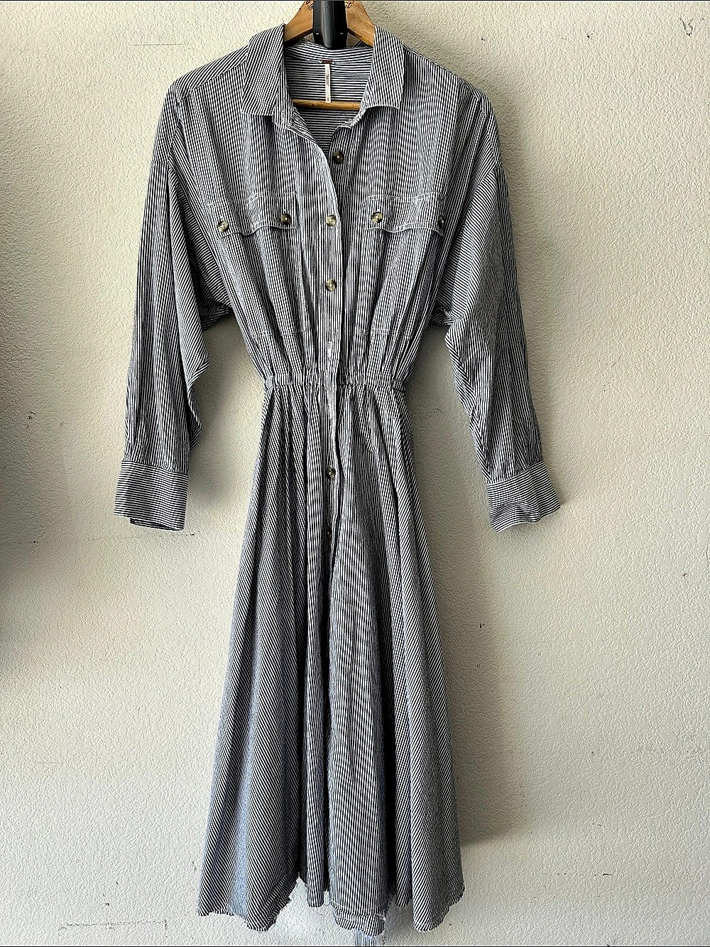 Free People Striped Midi Shirt Dress in White & Blue Size Small